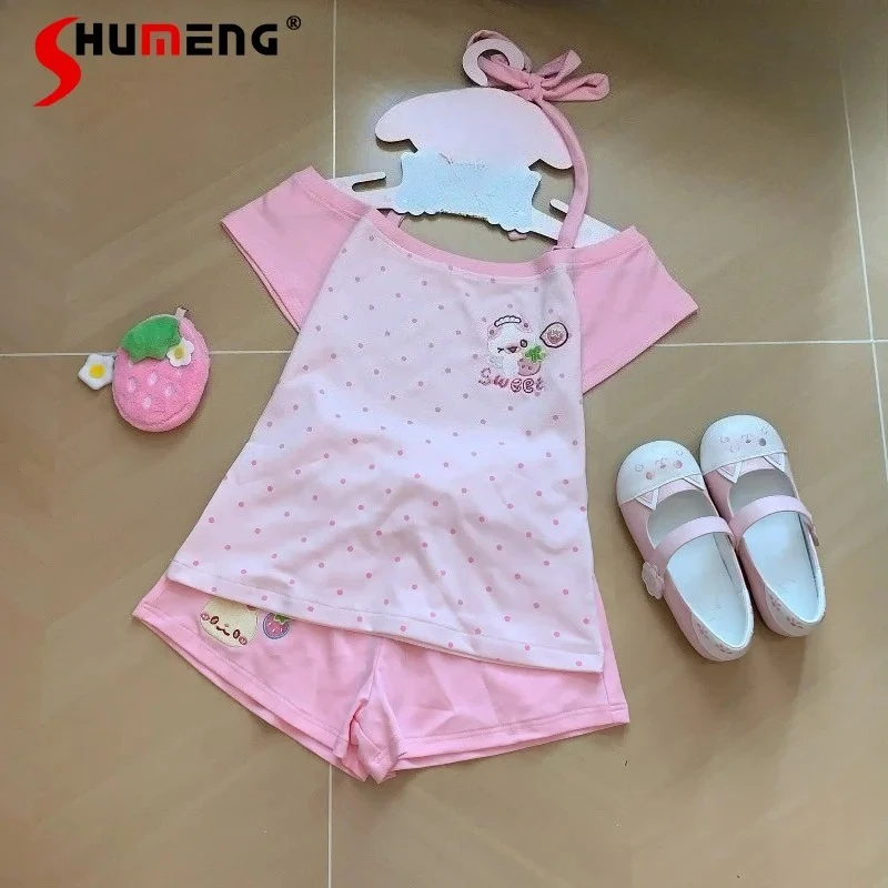 

2026 Summer Soft Girl Polka Dot Strawberry Cat Embroidery Halter Casual Short Sleeves T-shirts Shorts Two Pieces Set Outfits
