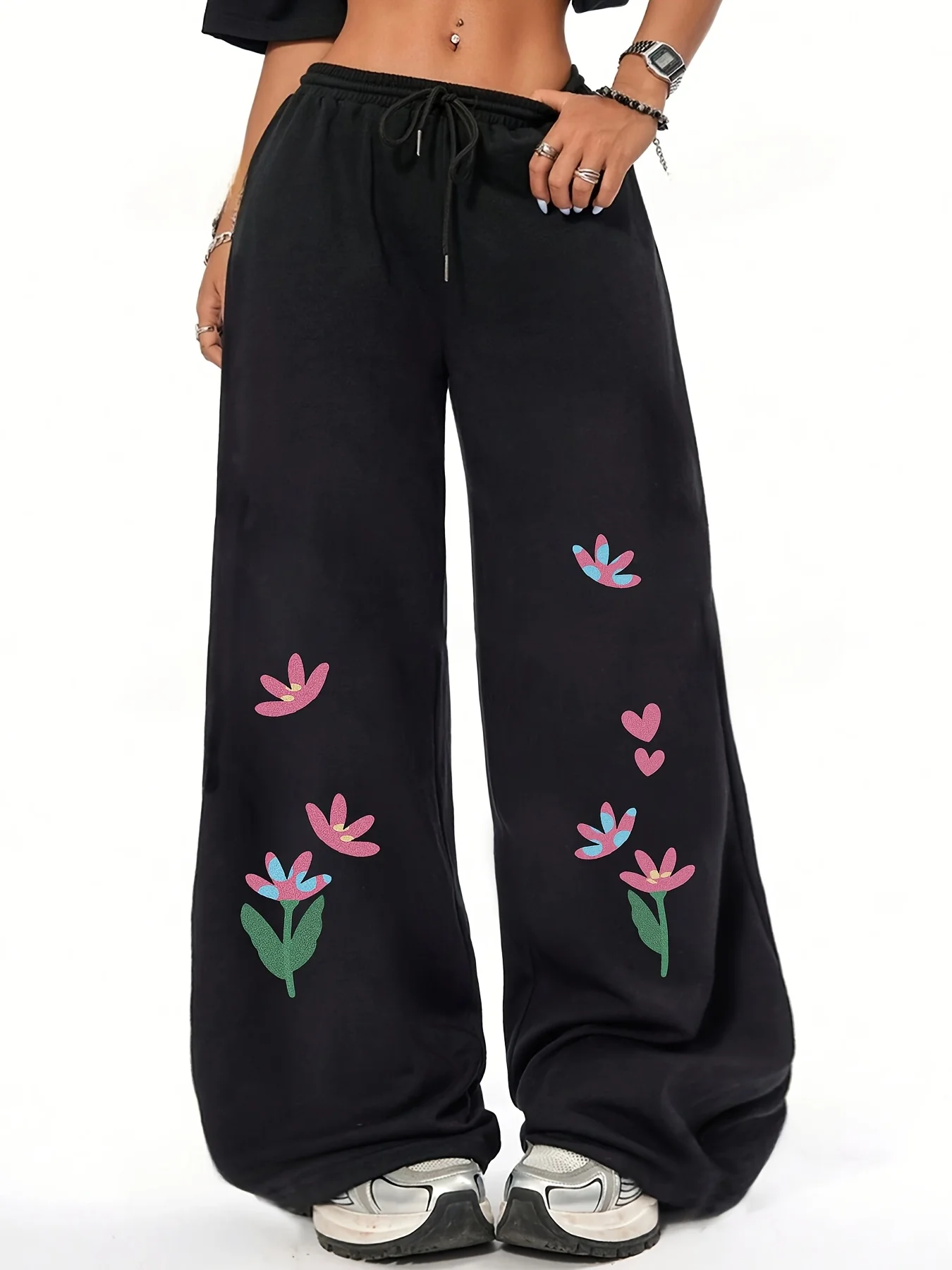 

Женские осенне-зимние свободные прямые флисовые спортивные штаны больших размеров с цветочным принтом, универсальные спортивные штаны с эластичным поясом большого размера