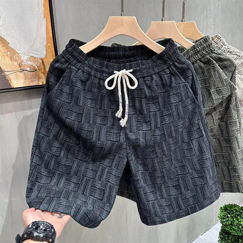 High-End Tie-Dye Plaid Men's Shorts Summer Ice Silk Five-Quarter Drawstring Quick-Dry Beach Pants Loose Fit Straight Leg Casu...