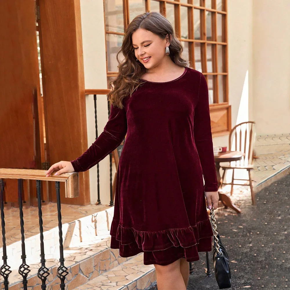 Vestidos Elegantes de terciopelo para mujer, estilo dulce, Color sólido, cuello redondo, falda suelta, moda Simple, vestido de talla grande, otoño e invierno, nuevo