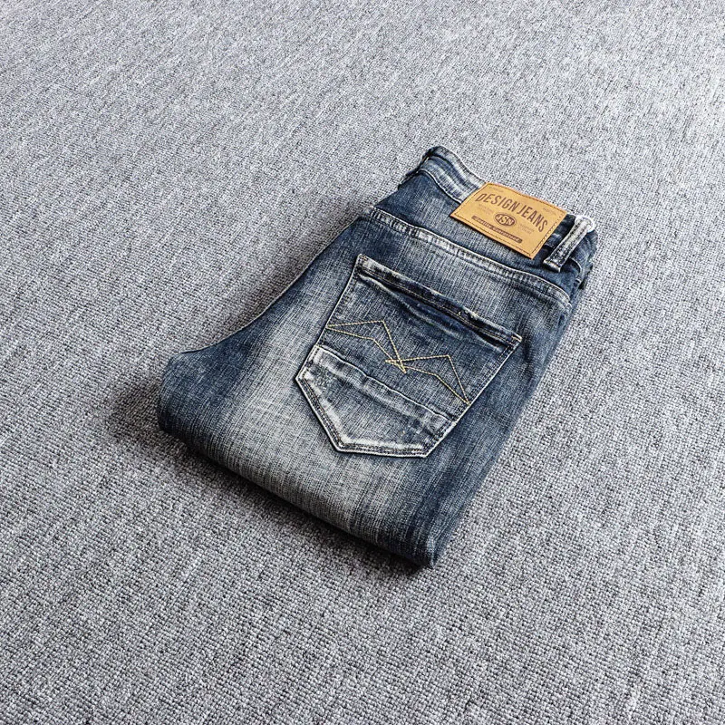 Italian Style Fashion Men Jeans High Quality Retro Washed Blue Elastic Slim Fit Ripped Jeans Men Vintage Designer Denim Pants