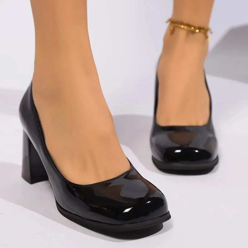 Escarpins En Cuir Verni Pour Femmes, Chaussures De Bureau Élégantes À Talons Hauts Noirs, Bouche Peu Profonde, Bout Carré,