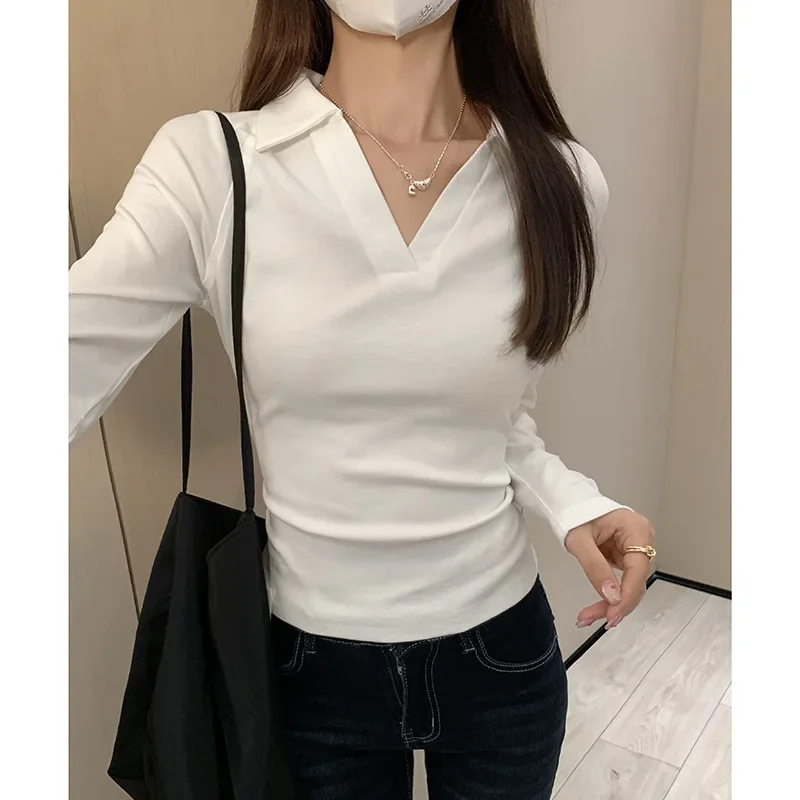 White Polo Collar Long Sleeve Bottom Shirt Women's Autumn and Winter Spicy Girl Shoulder Tight Small Body Inner Short Top