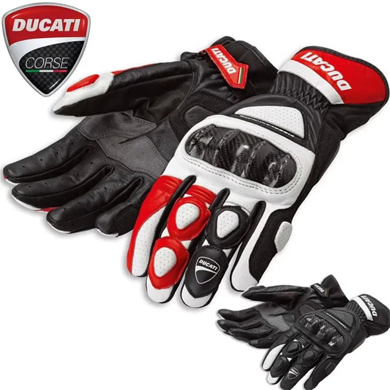 For DUCATI CORSE Touchscreen Leather Carbon Fibre Gloves Full Motorcycle Sport Racing Black Red Fall Prevention Riding Cycling