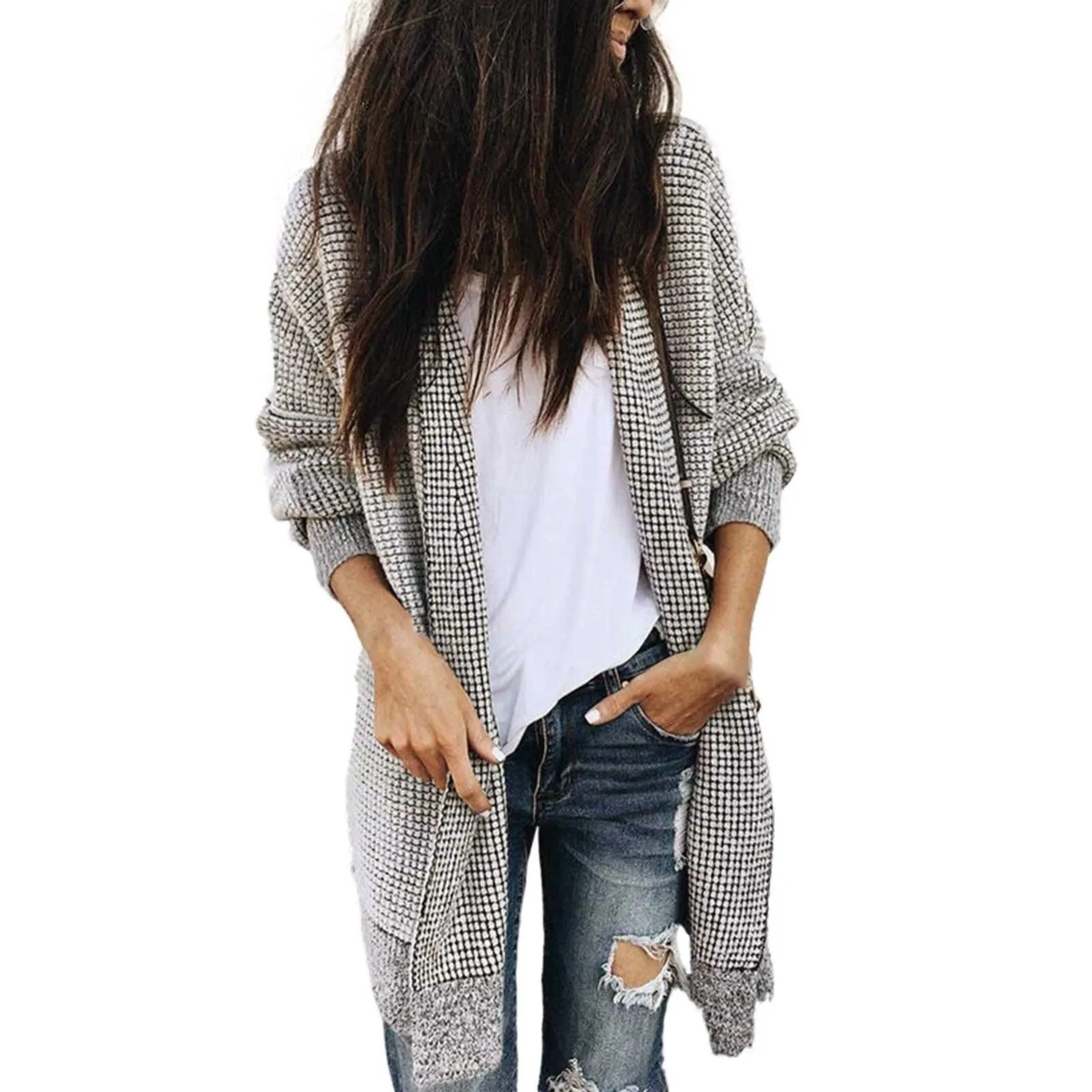 Women'S Black White Checkered Long Sleeved Front Cardigan Knitted Sweater Cardigan Medium To Long Casual Loose Jacket For Daily