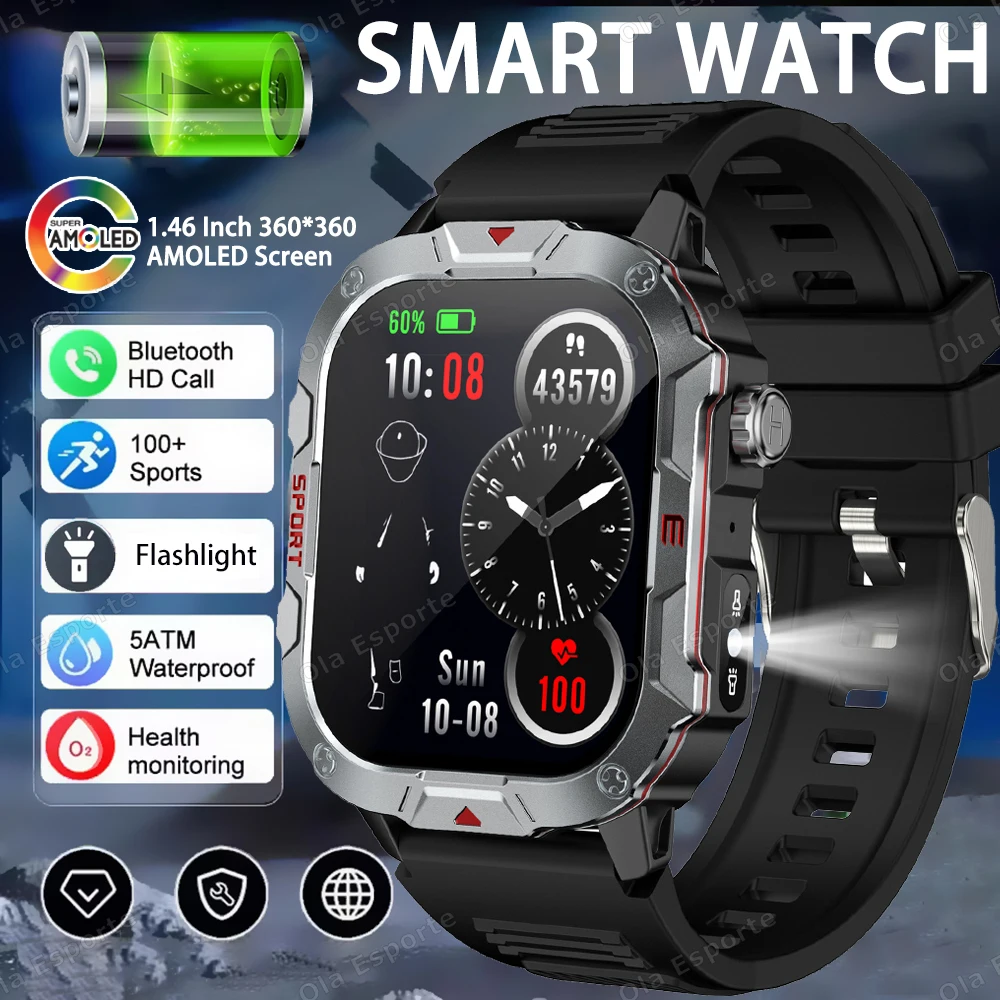 남자 스마트 시계 블루투스 통화 수면 심박수 건강 모니터 야외 LED 손전등 안드로이드 IOS에 대한 방수 스포츠 시계