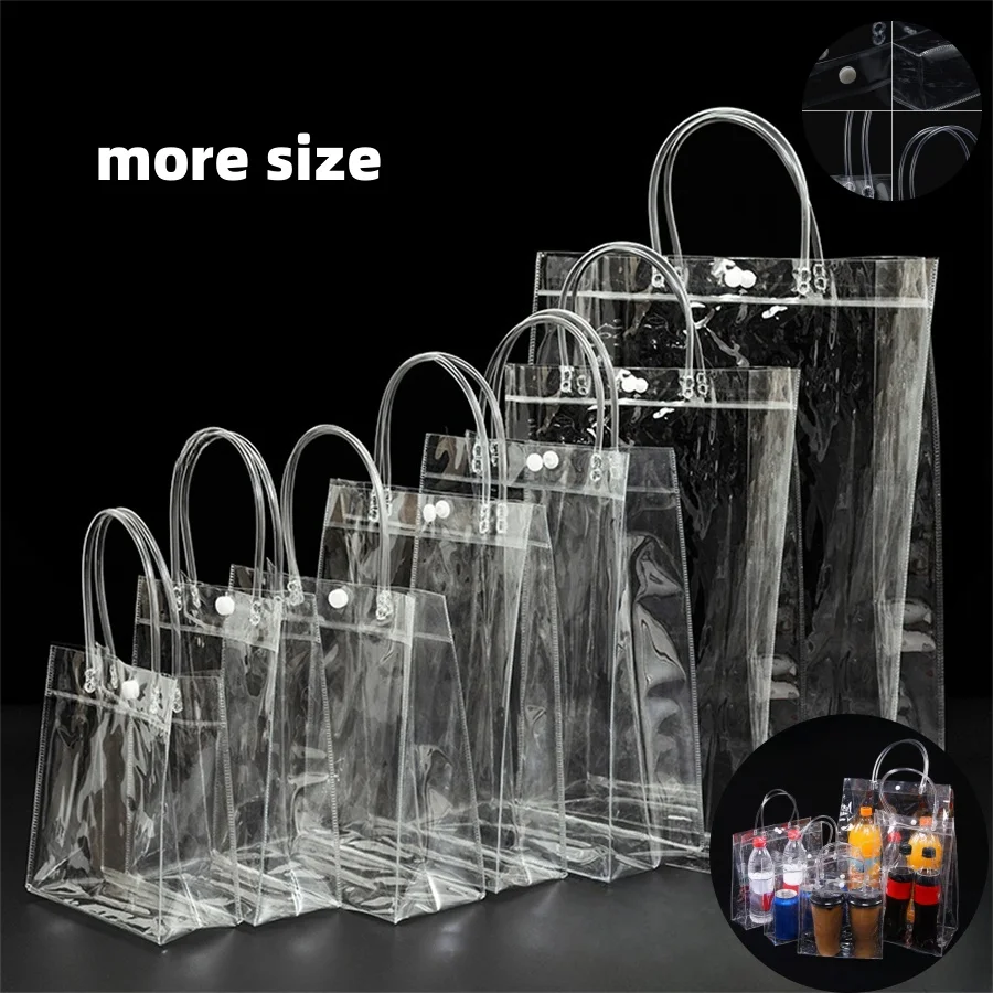 10Pcs Transparant Snap Gesp Pocket Pvc Hand Handvat Plastic Gift Pouch Clear Gift Waterdichte Boodschappentas Logo Groothandel