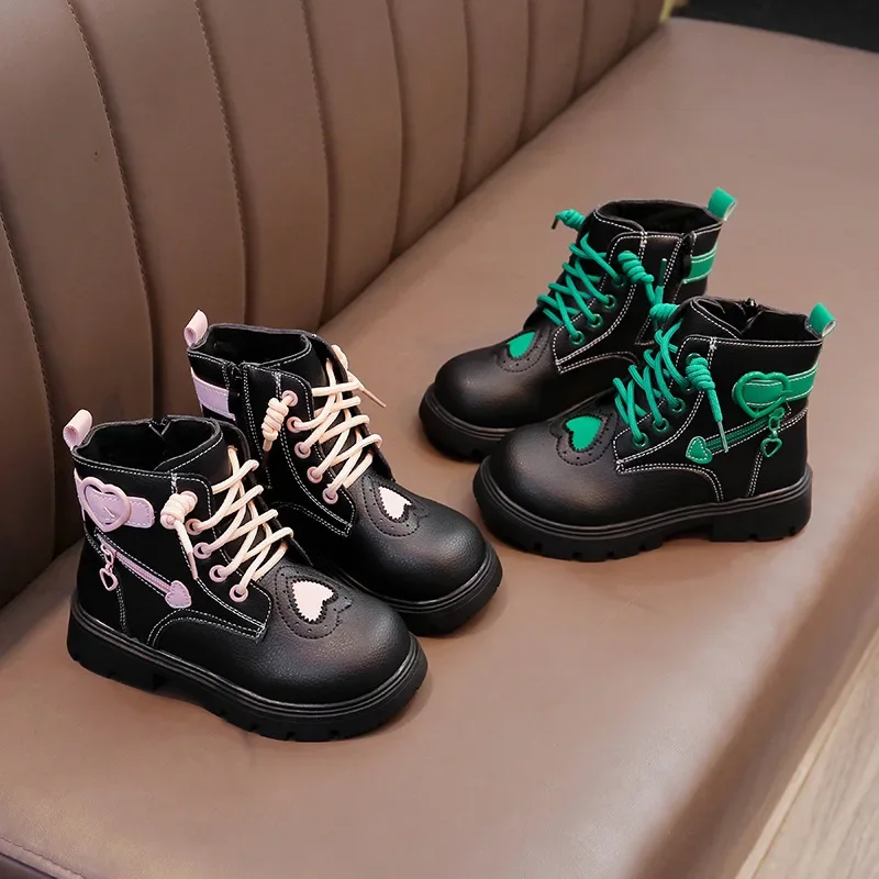 Kids Ankle Boots for Boys Girls Medium Big Kids Rubber Short Boots Fashion with Heart Decoration Side Zip British Style Classic