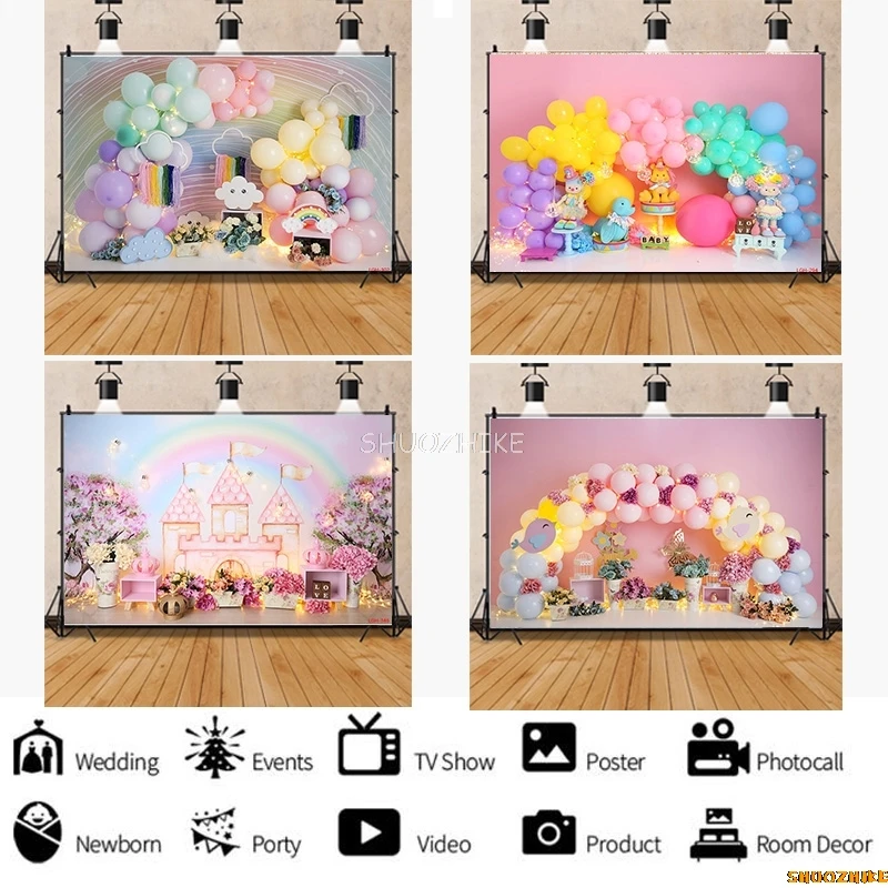

Romantic Decoration With Colorful Balloon Arch Bears Background Newborn Baby Birthday Lights Photography Backdrops GH-506