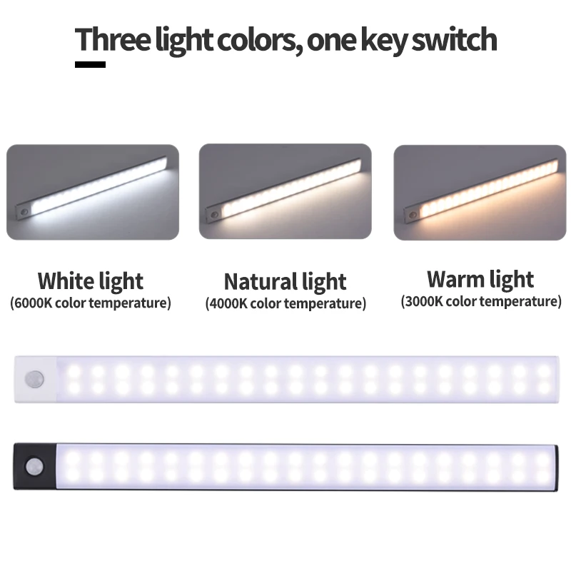 O sensor de movimento recarregável de USB da luz do armário conduziu três cores em uma lâmpada para a iluminação interna 10/20/30/40/60cm do armário