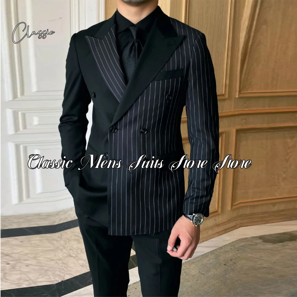 Fashion Ltalian Double Breasted Stripe Men Suits Prom Wedding Custom Groom Tuxedos Slim Fit 2 Piece Pinstripe Mens Clothing 2024