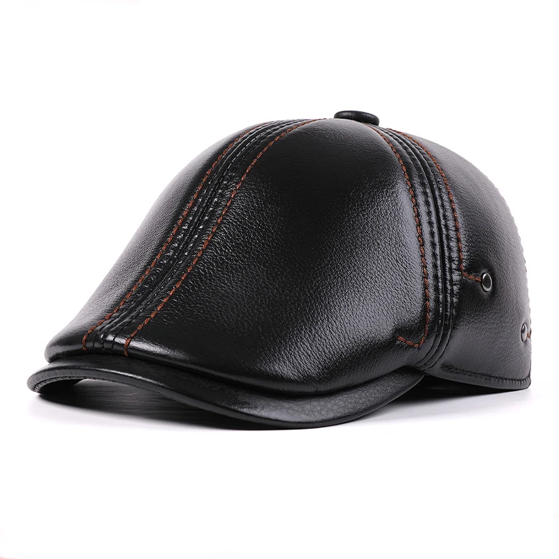 

Men's Autumn Winter Genuine Leather Hat Duckbill Cap Beret Newsboy Cap Warm for Top-Grain Leather Cold-Resistant