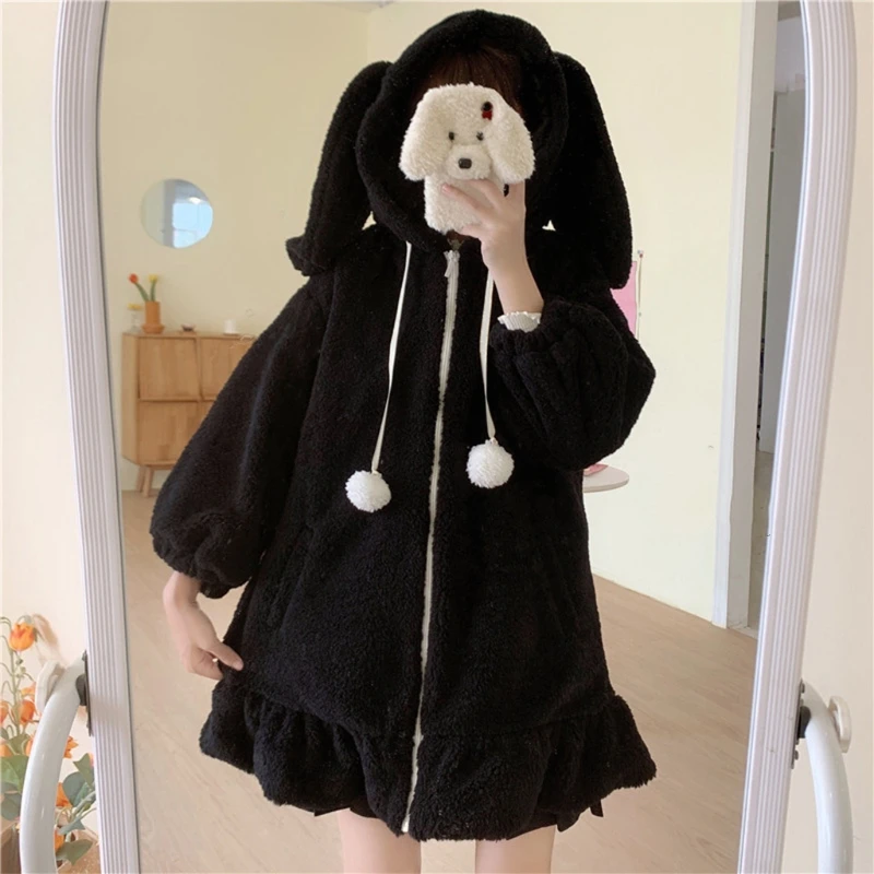 

Women Long Sleeve Fuzzy Hooded for Jacket Bunny Ears Plush Warm Cardigan