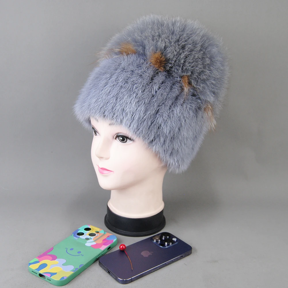 New Arrival Winter Women Luxury Real Mink Fur Hat Natural Warm Mink Fur Cap Top Fox Fur Bomber Caps Knitted Lady Real Fur Hats