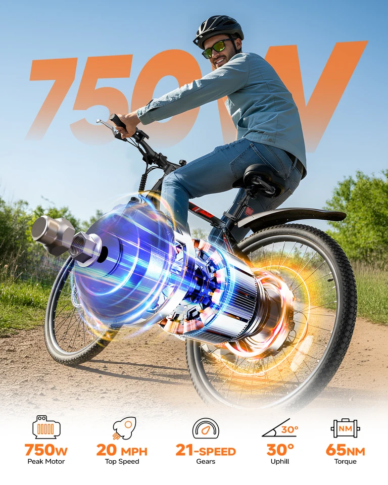 QNUT VICTOR 2.0 Pro Electric Bike For Adults 21 Speeds Gear 26" Electric Mountain Bike, 750W Peak, 20MPH, 36V 10.4Ah Removable Battery, Aluminum Frame, UL 2849 Certified Urban Commuting Ebike image 3