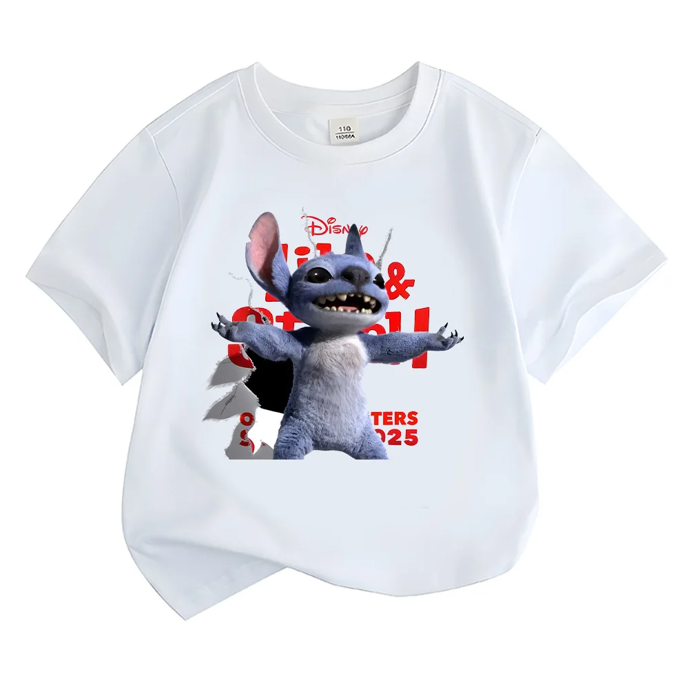 Lilo & Stitch 2025 New Film T-shirts Stitch Break Break Through The Wall Cartoon Funny Top Children Cute Tshirt Boys Kid Clothes