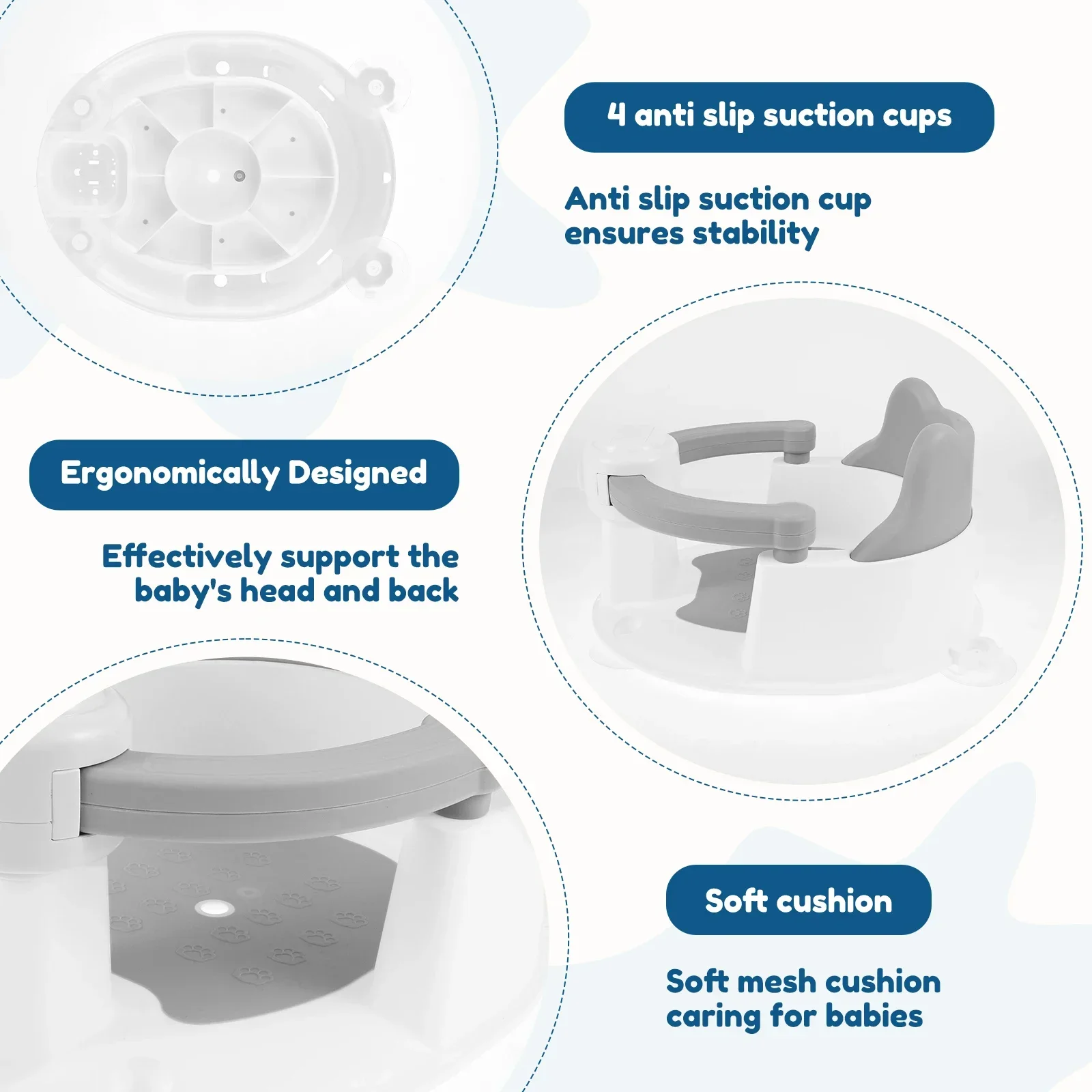 Baby Bath Seat Cute Baby Bathtub Chair with 4 Nonslip Suction Cup and Drainage Hole Portable Infant Bath Seat for 6 to 24 Months view 6