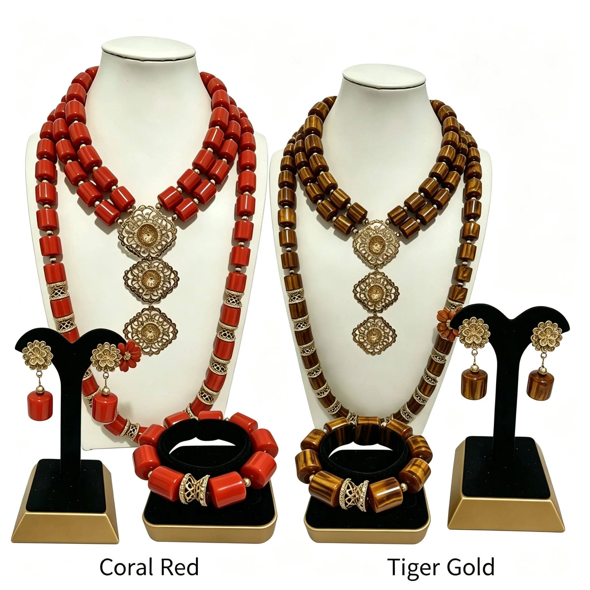 3Pcs Coral Beads Jewelry Set Nigerian Wedding Bridal Gold Plated African Jewelry for Black Women