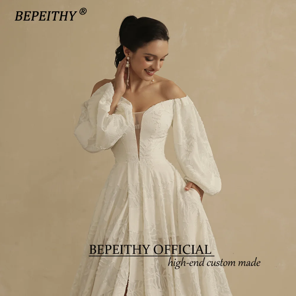 BEPEITHY-Vestidos de Novia de encaje con bolsillos para mujer, de manga larga abullonada traje Sexy, estilo bohemio, 2022