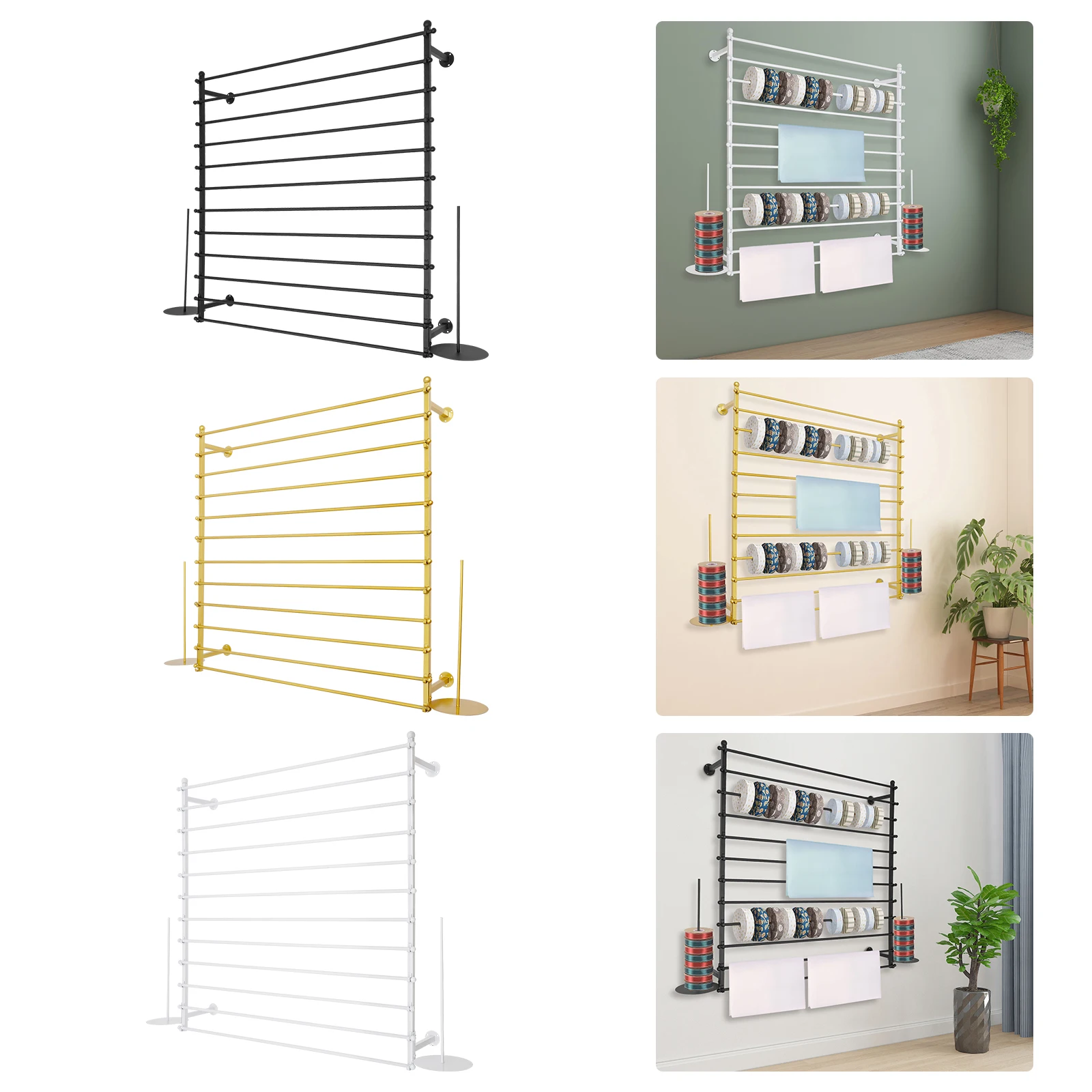

120cm Wrapping Paper Ribbon Iron Holder,Gold/Black/White Wall-Mounted Display Rack 12 Rods for Gift Shops,Florists