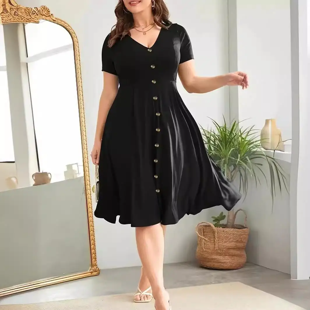 プラスサイズの女性のためのvネックドレス、カラーボタン付きカジュアルファッション、プラスサイズの服、ホームウェア、快適なフィット感の女性用ドレス