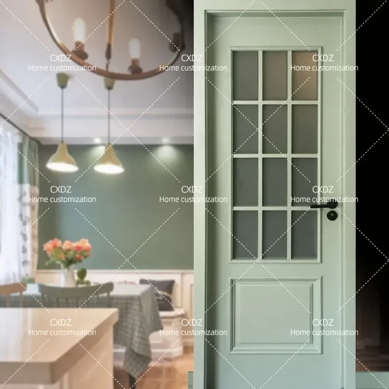 Fresh Bean Green Solid Wood Composite Baking Paint Casement Door for Kitchen Bathroom Home Interior Multi Layer Wooden Door