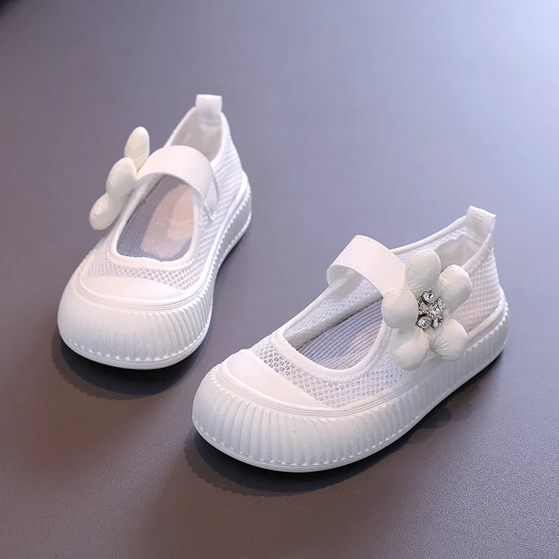 Children's Rhinestones Big Flower Shoes 2024 Summer New Girls Net Surface Shallow Mouth Small Children Casual Shoes