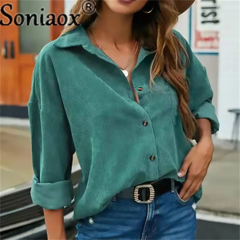 Corduroy Shirt Women Solid Color Long Sleeve Turn-Down Collar Casual Loose Fashion Tops Ladies Streetwear Shirt Vintage Clothes