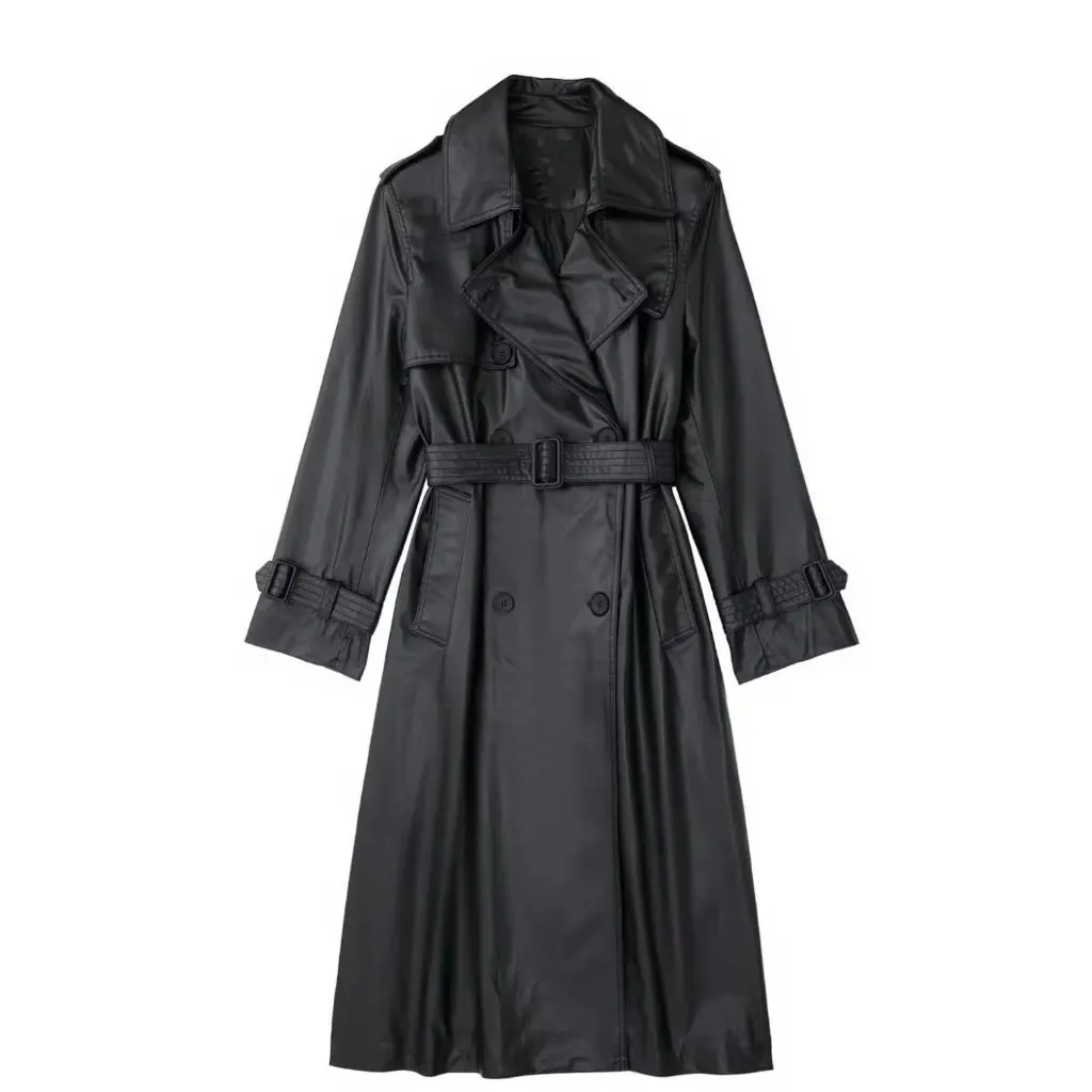 Trench coat longo de couro sintético preto feminino estilo europeu americano ins menina quente outono cintura legal apertado jaqueta de manga longa