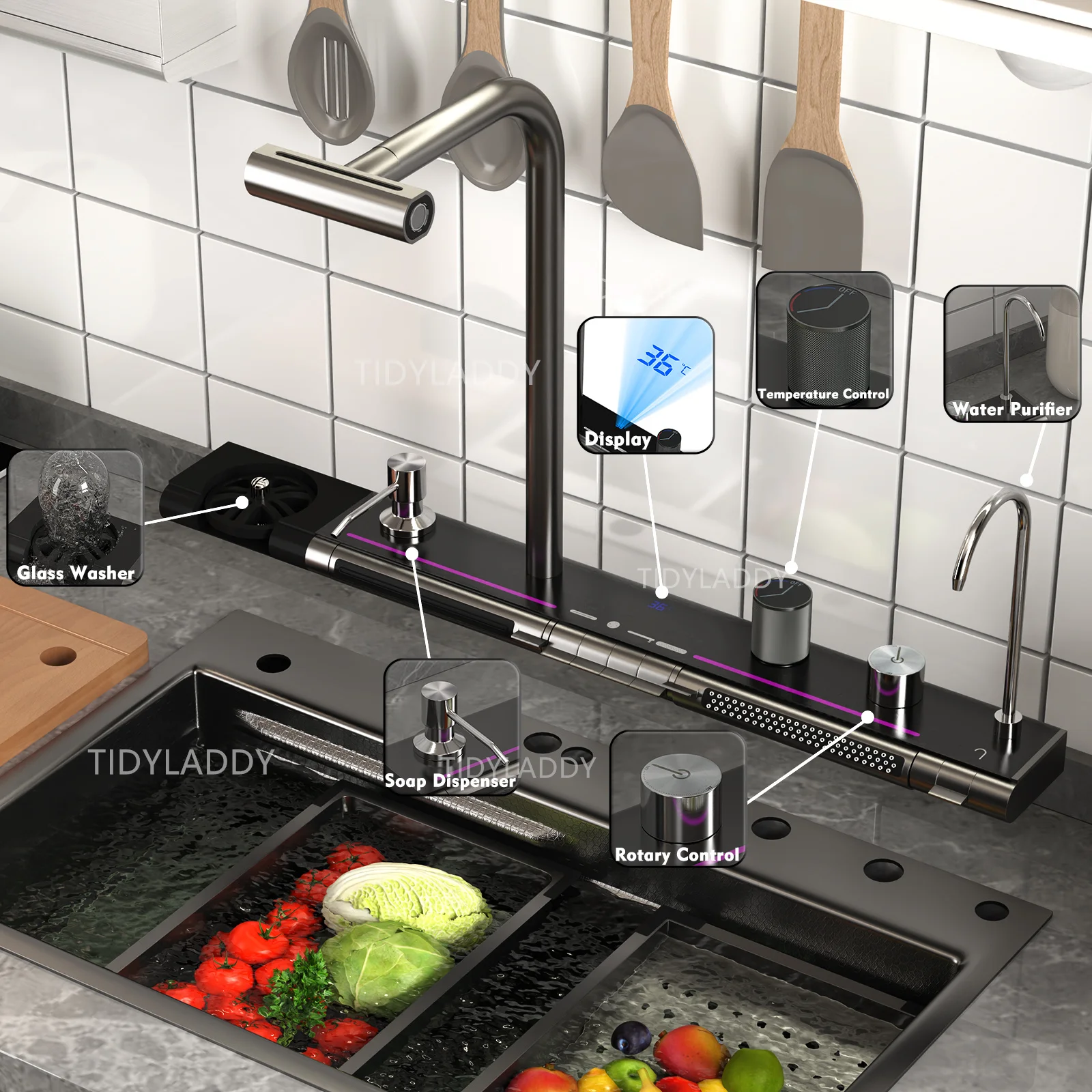 Imagem -03 - Inteligente Honeycomb Kitchen Sink Único Bowl Kitchen Sinks Display Digital Duplo Cachoeira Modern Workstation Aço Inoxidável