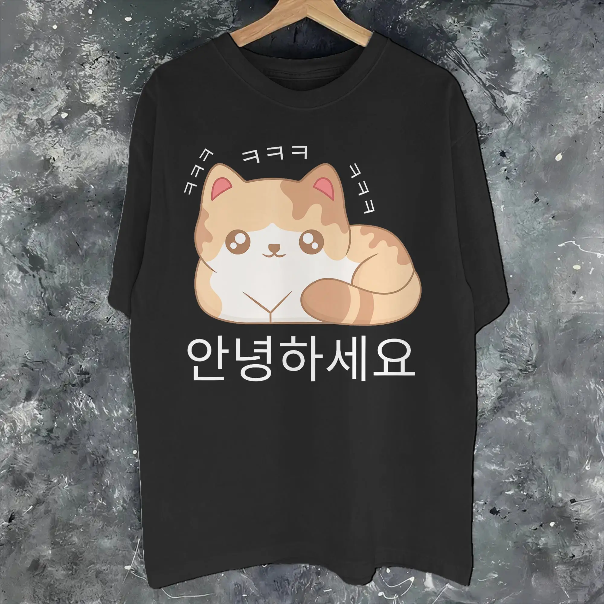 Men Women Annyeonghaseyo Kawaii Cute Laughing Cat Hangul Korean  T Shirt Pure Cotton Graphic Printing T-Shirt  Clothing Outfits