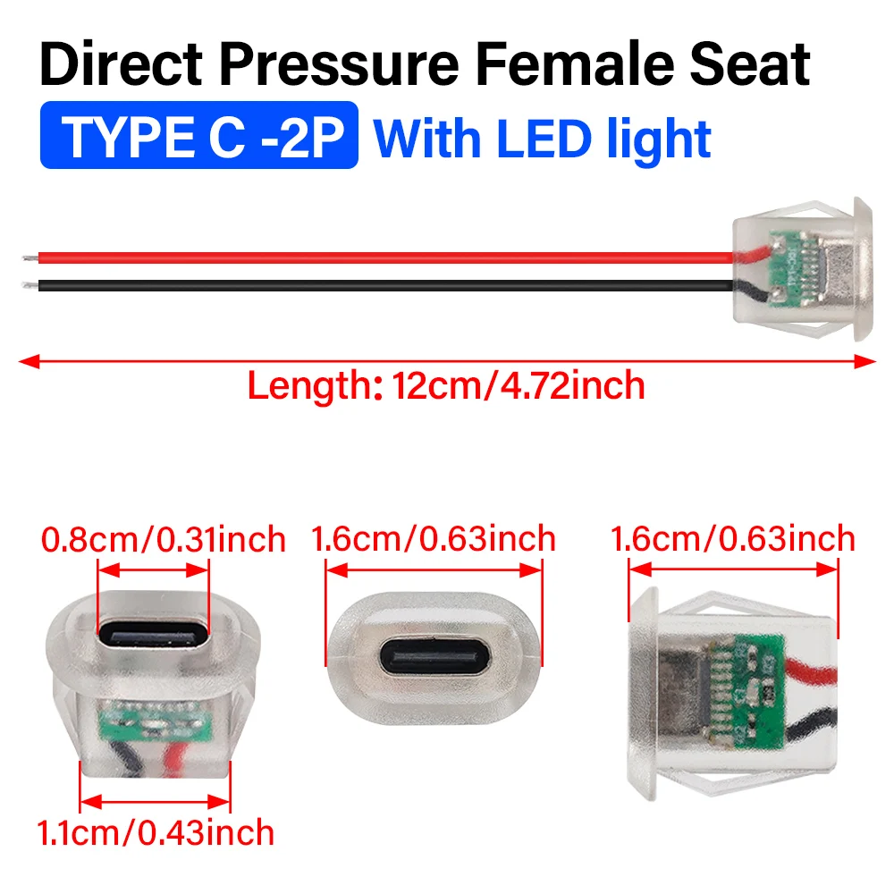 2pin USB-C power connector tinned copper wire end female connector USB Type-C 5A input charging socket with LED light