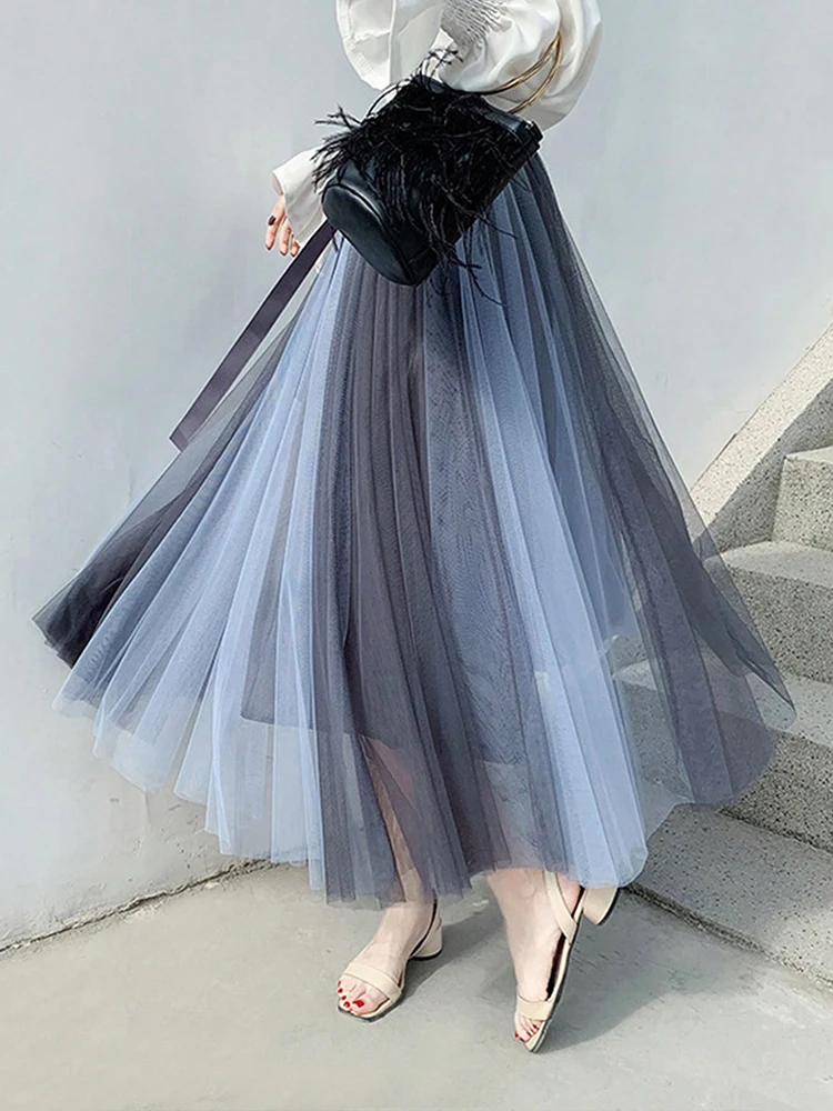 

Hot Sale Summer Pleated Long Skirts A-line Elastic Waist Fairy Tiered Skirt Women 2 Layers Color Contrast Women's Skirts