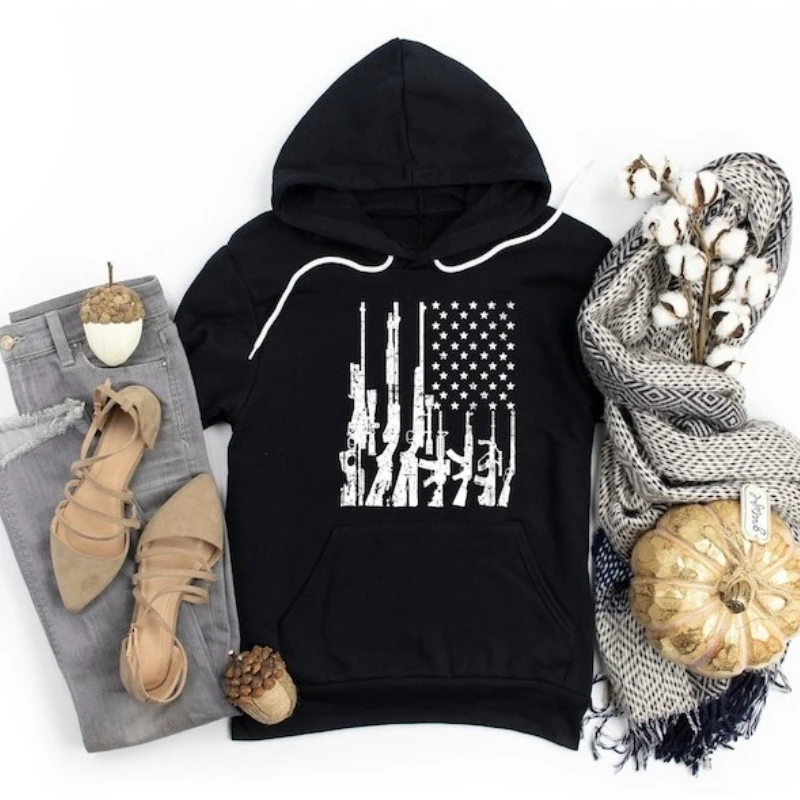 

Flag Hoodie Patriotic Winter Sweatshirt Style Hoodie Retired Guns Independence Day Veteran Day Gifts Matching Hoodies