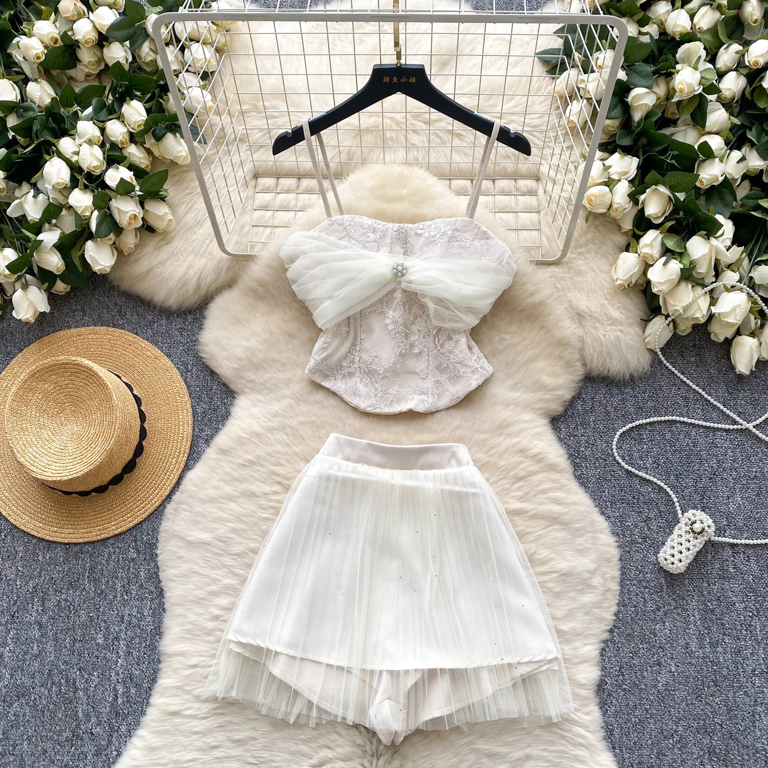 

Women Sweet Cute Festival Sets Lady Twist Knot Sling Crop Top Mesh Chiffon Pleated Skirt Shorts Suit Female Birthday Evening Set