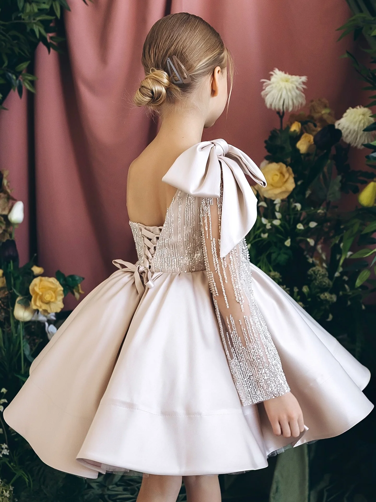 Princess Flower Girl Dresses for  One Shoulde Bedeing Knee Wedding Lenght Kids Birthday Party Dress First Communion Gown Custom