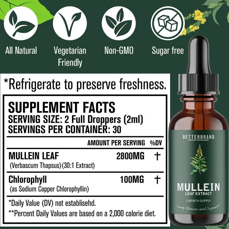 Mullein Leaf Extract Capsule para limpeza de pulmão e fígado, Pulmões Gotas, Desintoxicação, Lug Clears Respiratory, Orgânico, 60ml