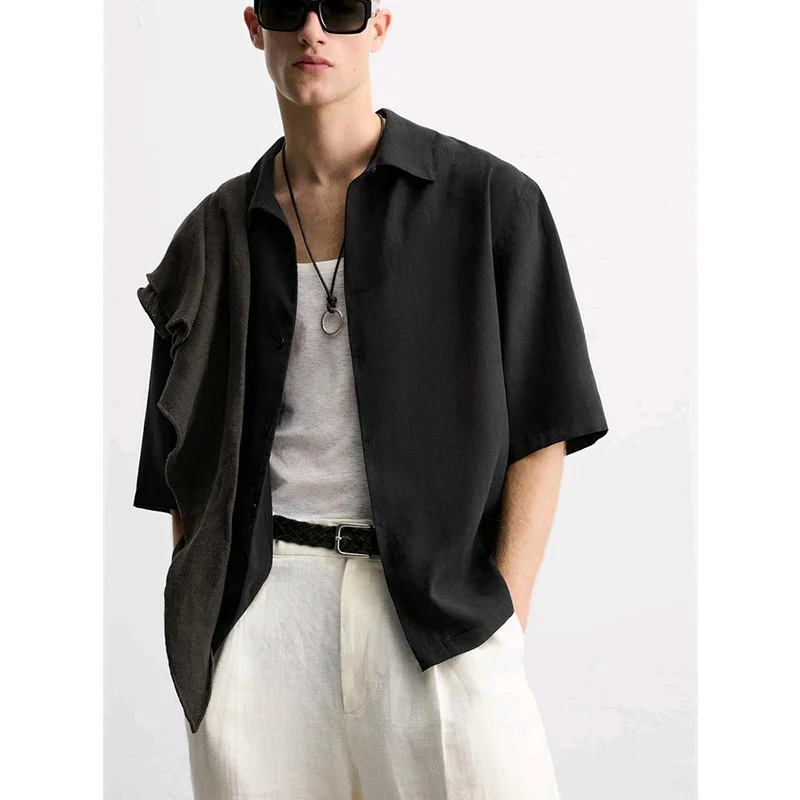 Csa masculina de verão, foada, em mistura de fibras, manga curta, com botões, tecido de poliéster, estilo casual, modern...