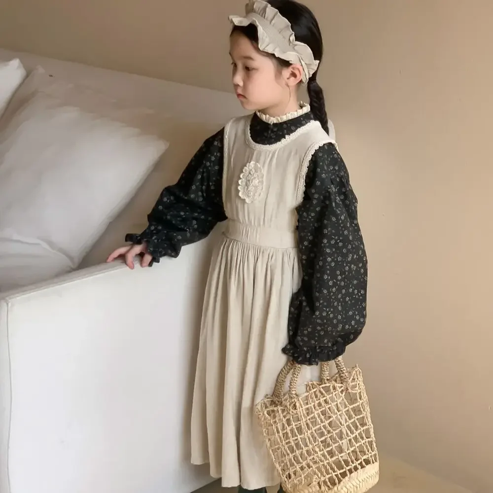 Children's Clothing Autumn Dress Set Girl's Vintage Solid Tank Top Lace Dress+Long Sleeve Fragmented Blouse Shirt 2023