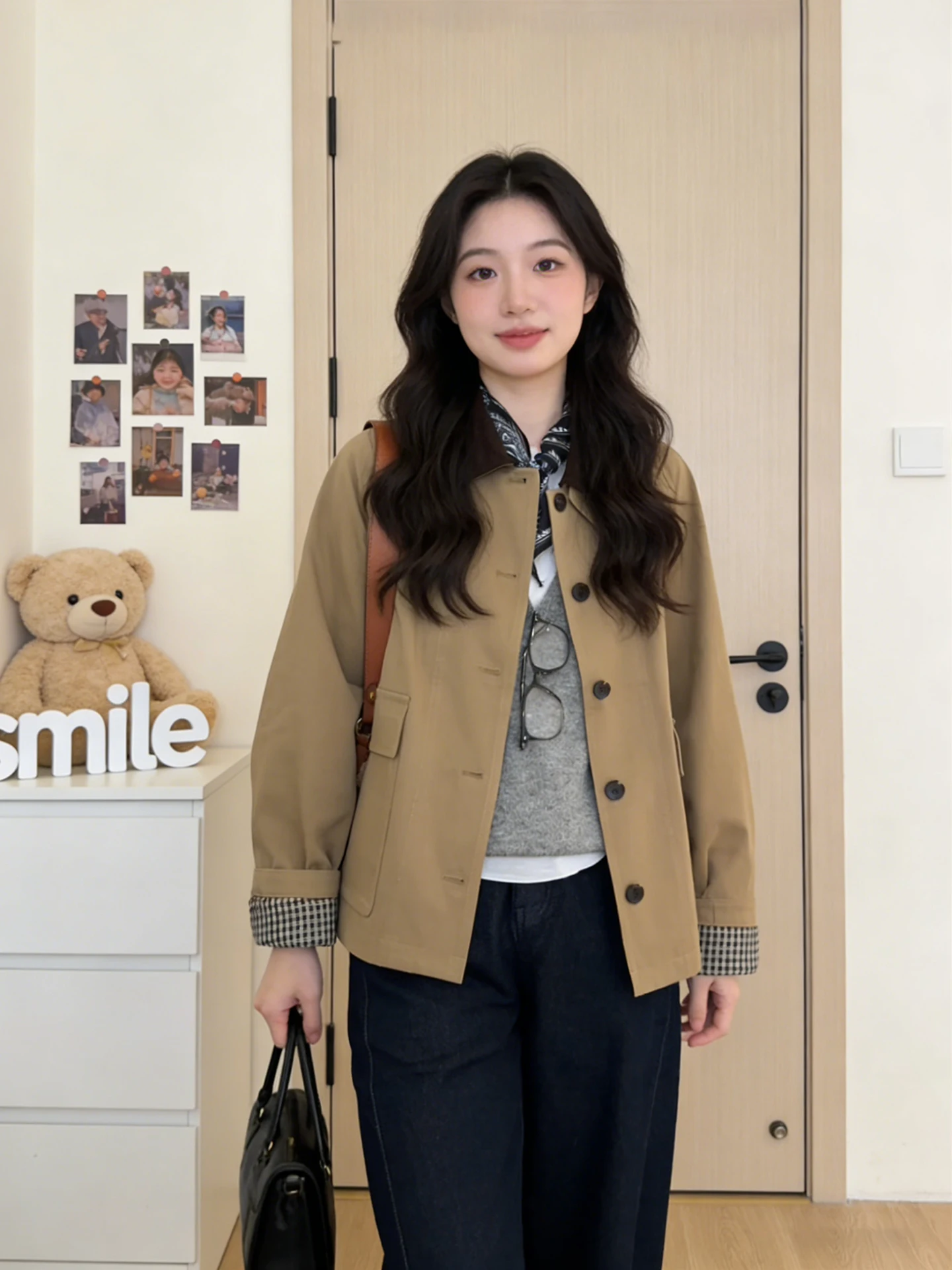 Retro Korean Style Kaki Short Coat Women's Fashion Spring New Arrival Age-Defying Outerwear Commute Style Standard Fit