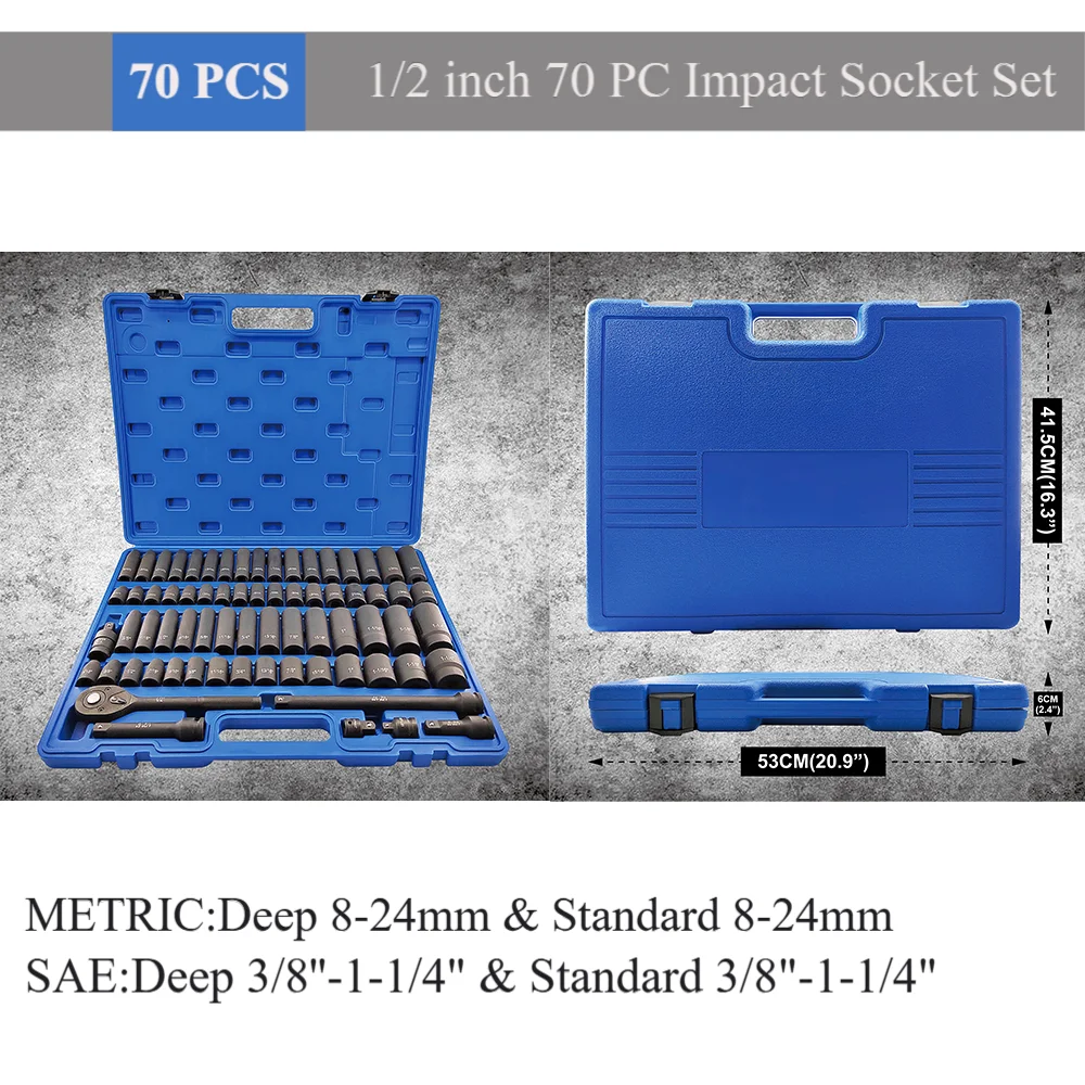 70-Piece 1/2 inch SAE and Metric Impact Socket Set, Professional Deep And Shallow Impact Socket Set