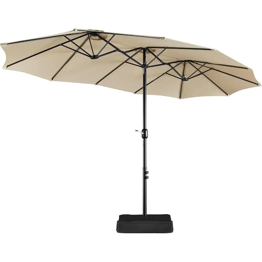 Extra-Large Double-Sided Patio Umbrella with Crank, 12 Ribs, Ventilation, and Base - Tan