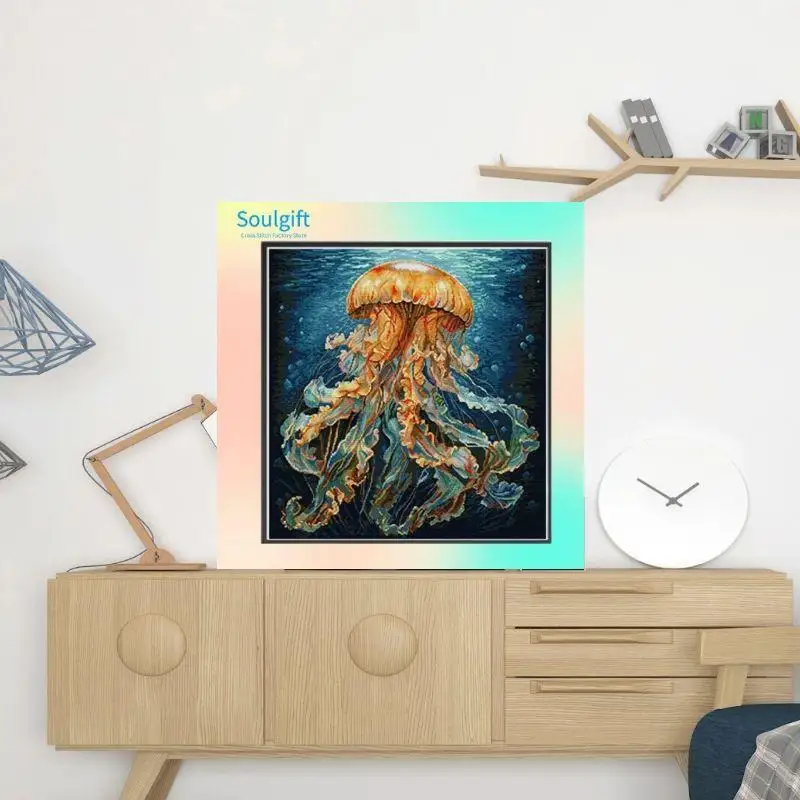 

Deep-sea jellyfish-Soulgift Pre-Printed Cross Stitch Kit, Stamped 9CT/11CT/14CT/16CT DMC Threads, Embroidery Kit.good quality