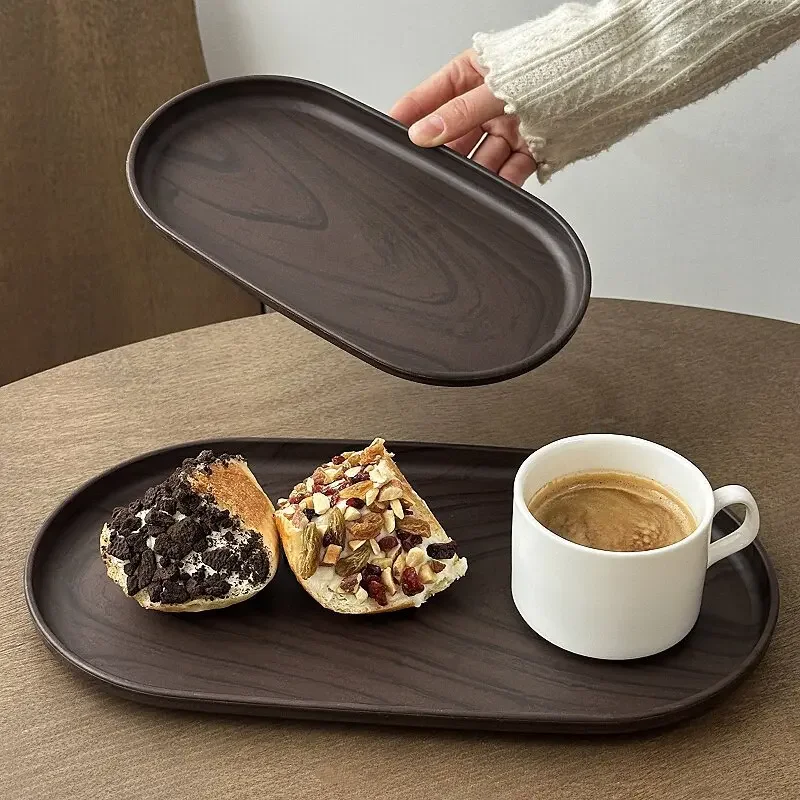 Plateau ovale en bois de noyer, plateau de service multi-usages pour café, gâteaux, collations, desserts et rangement de cuisine
