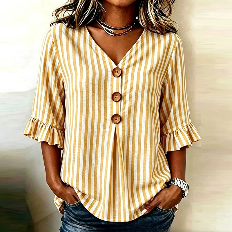 Summer Casual Striped Printed Blouse Women V Neck Button Front Ruffle Half Sleeve Loose T Shirt Women Fashion Oversized Tee Tops