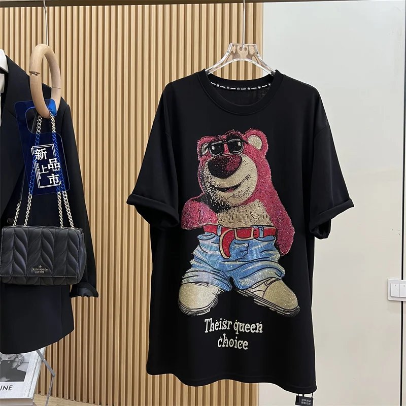 Fashion Cartoon Bear Rhinestone Top 2024 Summer New Loose Mid-Length Short Sleeve T-shirt Women Black Round Neck Casual Top