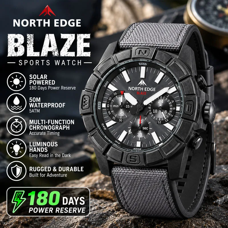 NORTH EDGE BLAZE Men's Watches Solar Power 316 Stainless Steel Case Quartz Watch For Men Pilot Sports Waterproof 50M Stopwatch