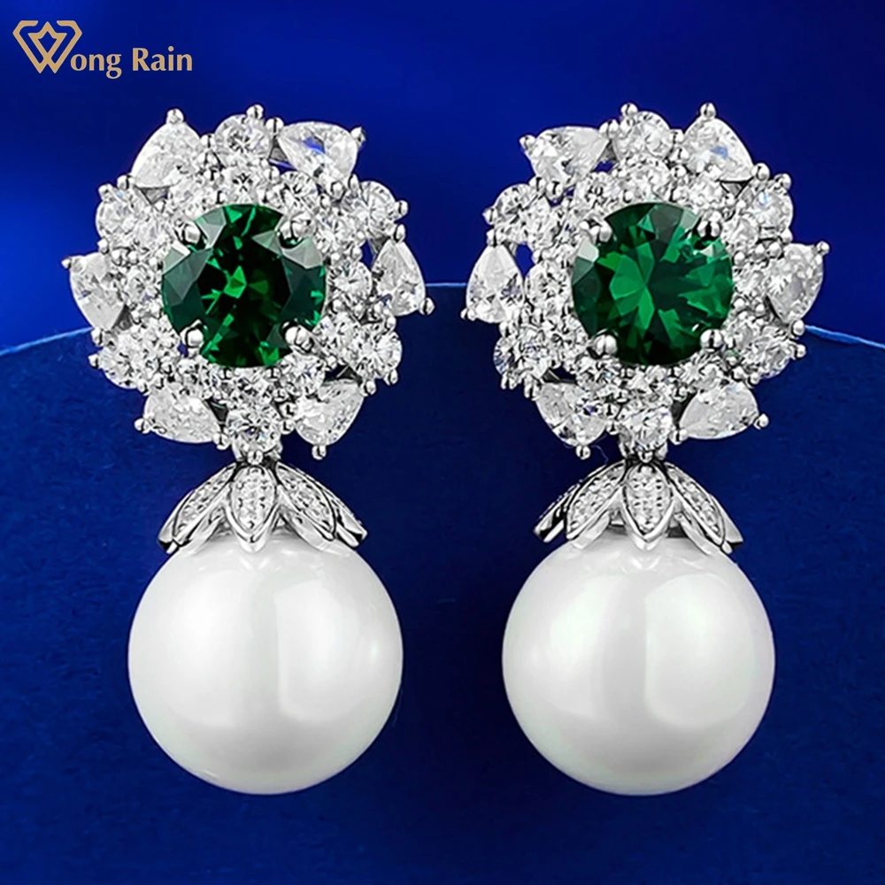 Wong Rain Elegant 100% 925 Sterling Silver 12MM Pearl Emerald Gemstone Drop Earrings Ladies Trendy Vintage Jewelry Free Shipping