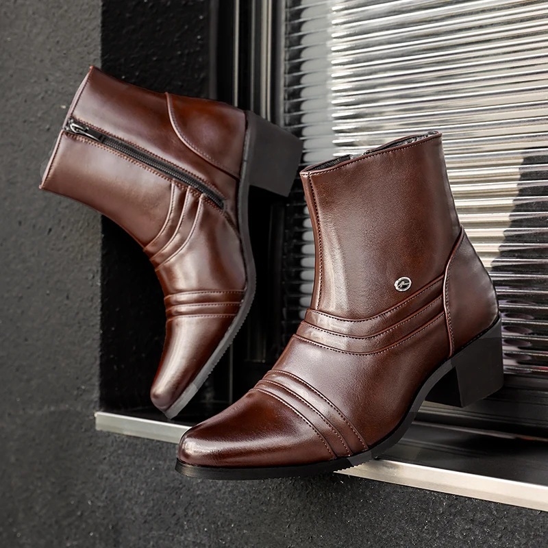 

Men Chelsea Boots Retro High-top Cuban Leather Boots Stylish Men Side-zip Short Boots with Heel Sizes 39-46 Men Boots