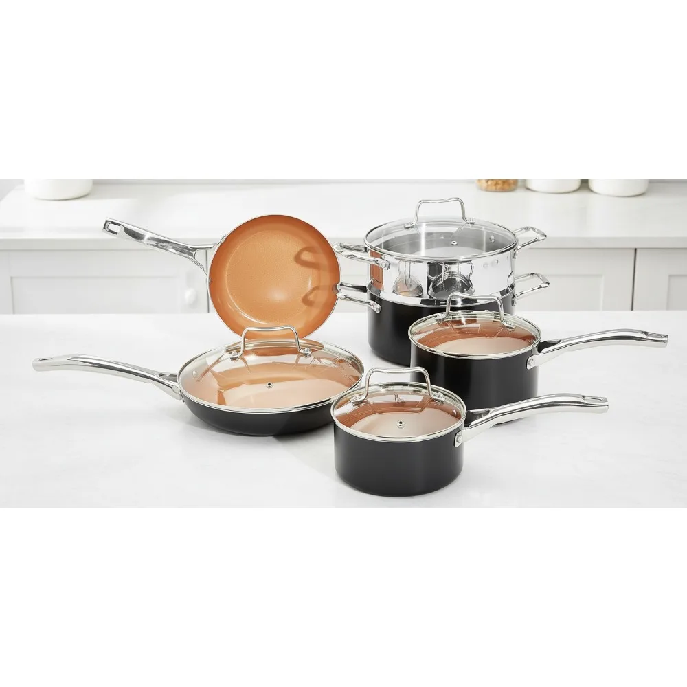 

10-Piece Ceramic Nonstick Cookware Set, Copper Color, Even Heating, Dishwasher & Oven Safe
